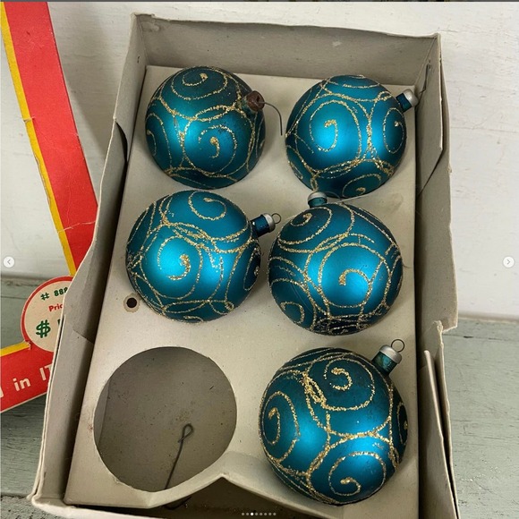 Vintage Christmas Tree Ornaments Plastic Hand Decorated Italy Box Blue SET5 - Picture 3 of 8